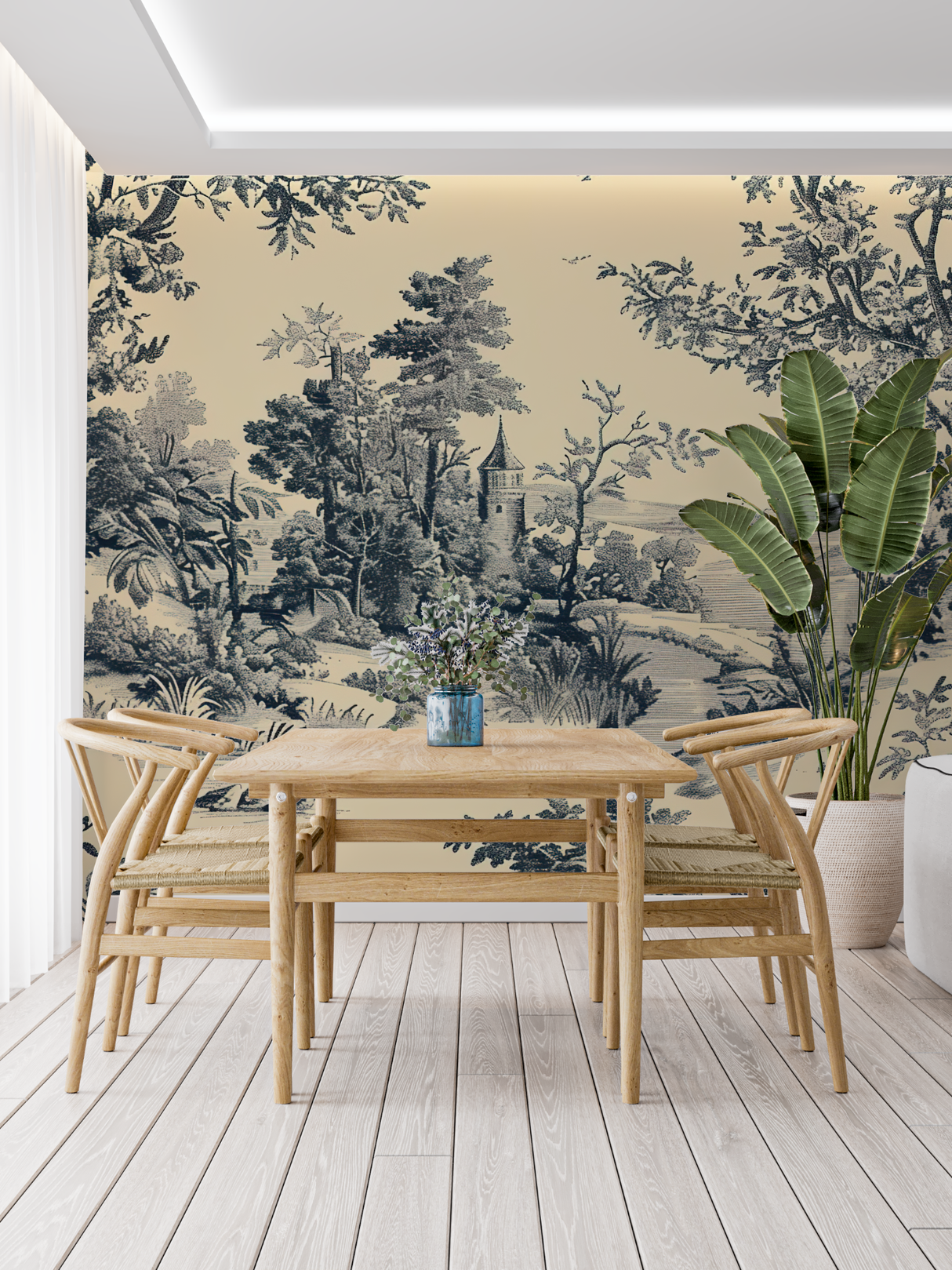 Vintage Castle Mural Wallpaper | Black and Beige Toile de Jouy