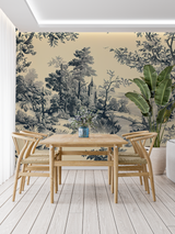 Vintage Castle Mural Wallpaper | Black and Beige Toile de Jouy