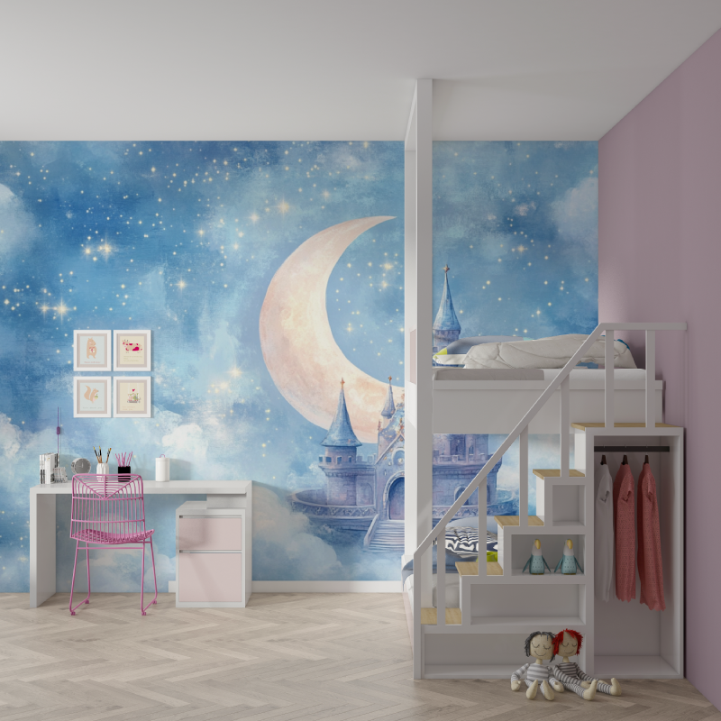 Fantasy Castle Mural Wallpaper | Magical Night Sky with Moon
