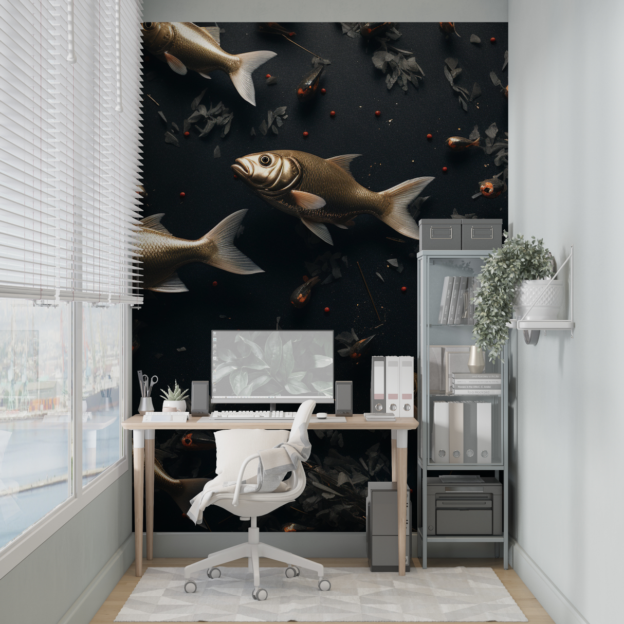 Marine Animals Mural Wallpaper | Golden Fish on Dark Background