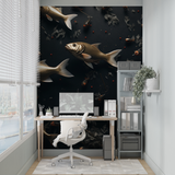 Marine Animals Mural Wallpaper | Golden Fish on Dark Background