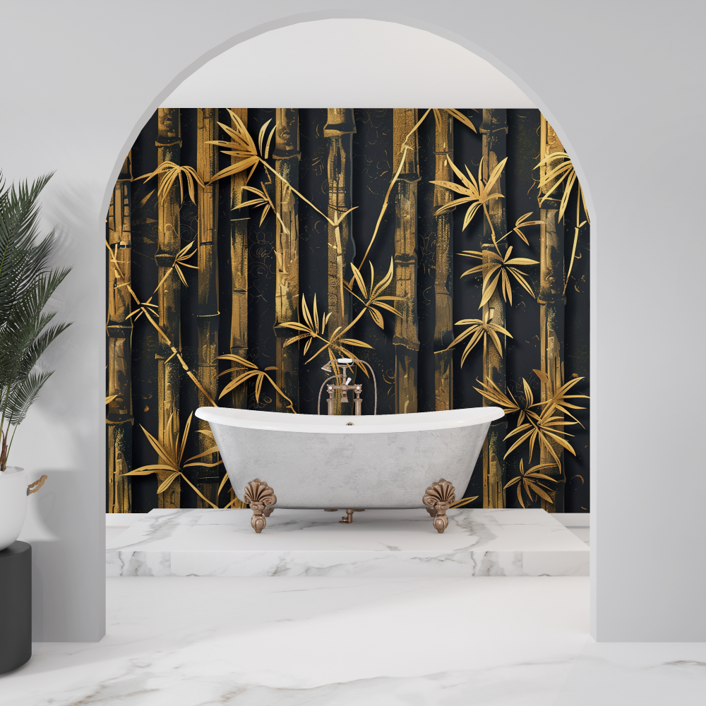 Bamboo Mural Wallpaper | Black and Gold Oriental Design