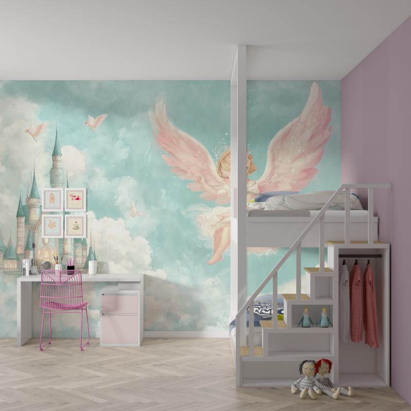 Fairy Castle Mural Wallpaper | Dreamy Angel and Pink Wings