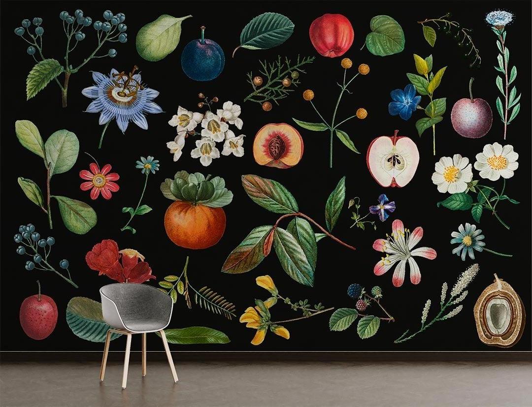 Botanical Mural Wallpaper | Vintage Fruits and Flowers on Black