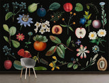Botanical Mural Wallpaper | Vintage Fruits and Flowers on Black