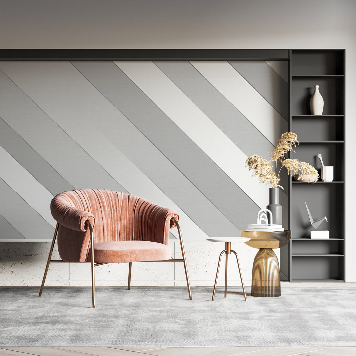 Geometric Mural Wallpaper | Modern Diagonal Stripes in Grey
