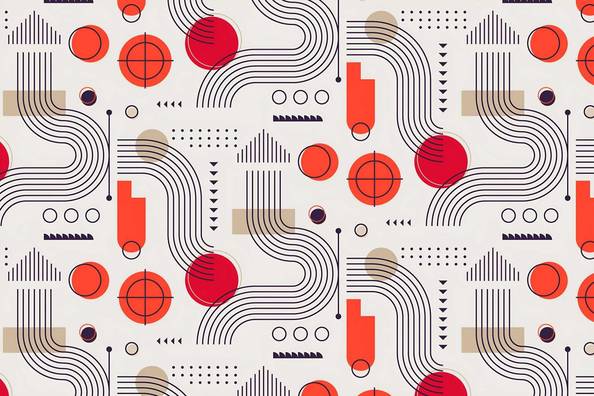 Geometric Mural Wallpaper | Modern Red Circles and Lines Pattern