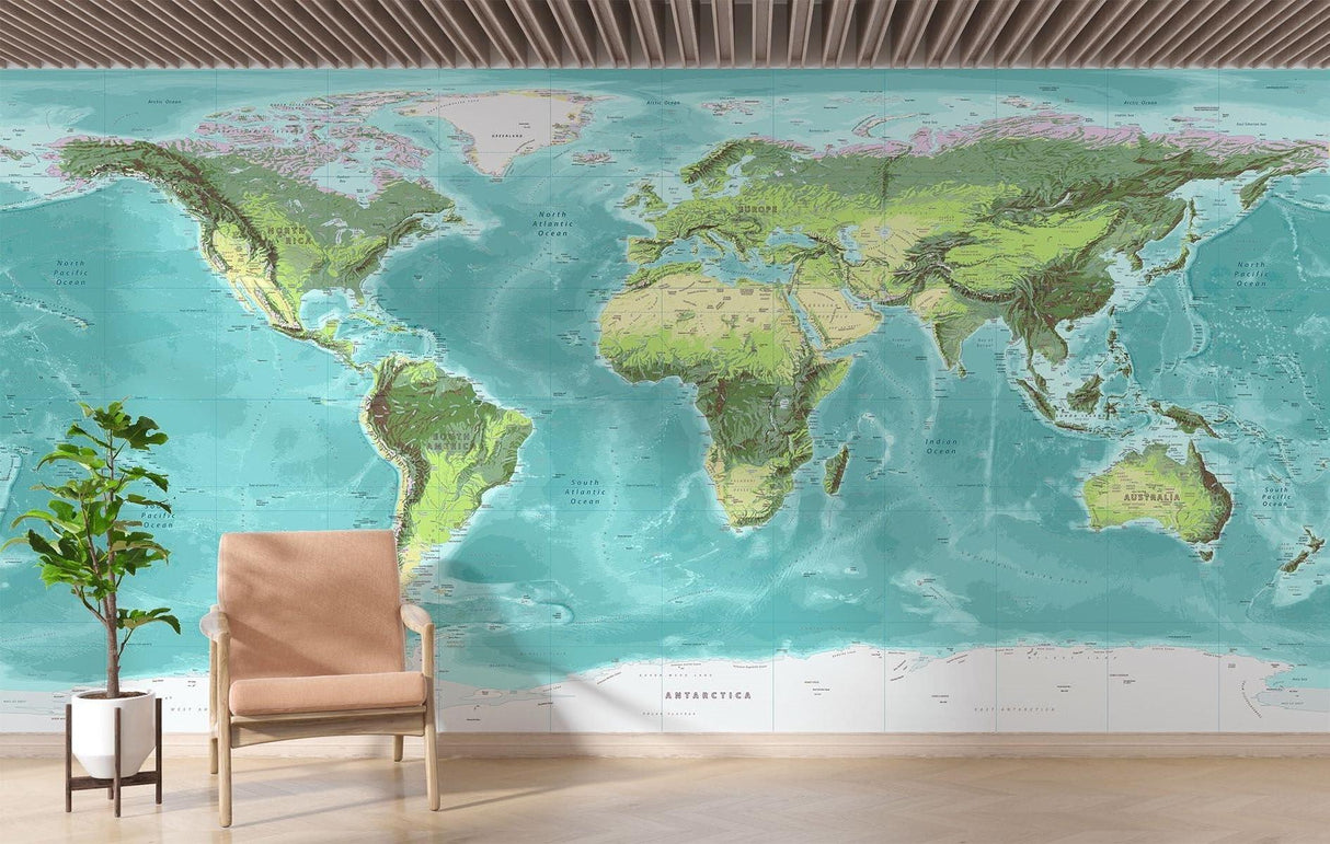 World Map Mural Wallpaper | Topographical Design in Turquoise and Green