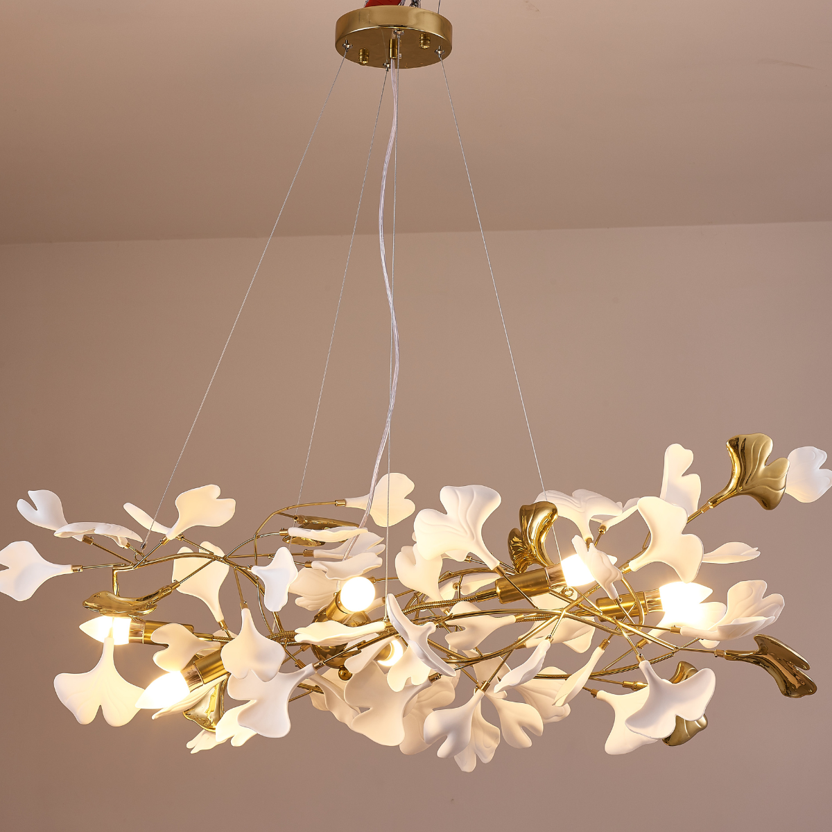 Ginkgo Leaf Chandelier  Brass and White Floral Design - Product detail 10