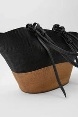 Woven Straw Tote Bag  Natural Fiber With Leather Trim - Product detail 4