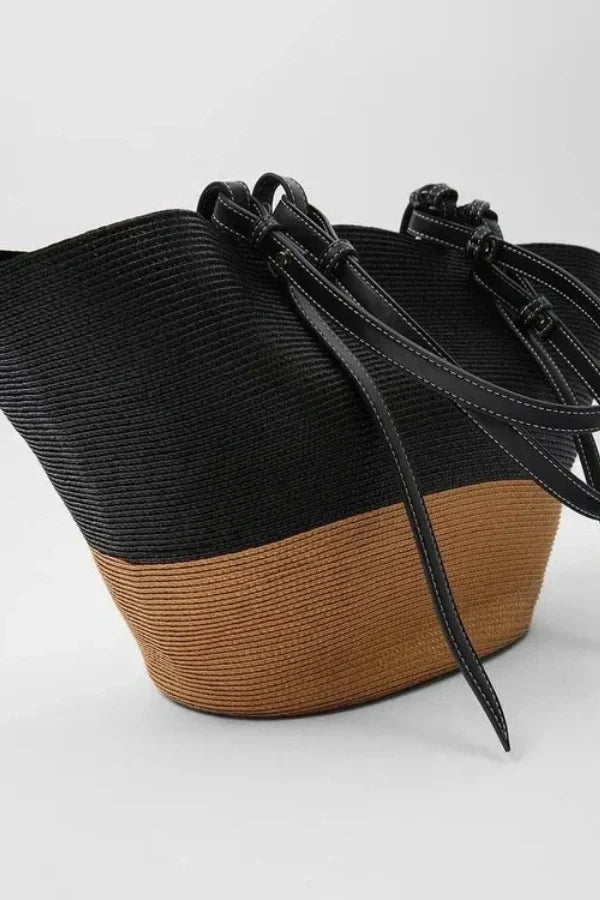 Woven Straw Tote Bag  Leather Trim Natural Finish - Product detail 4