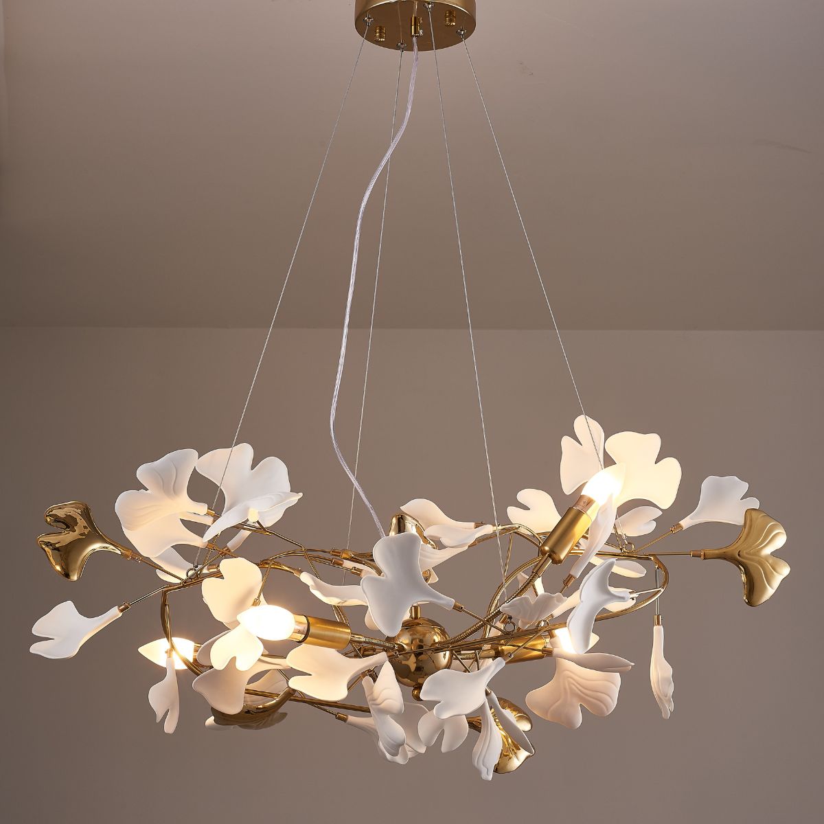 Ginkgo Leaf Chandelier  Brass and White Floral Design - Product detail 12