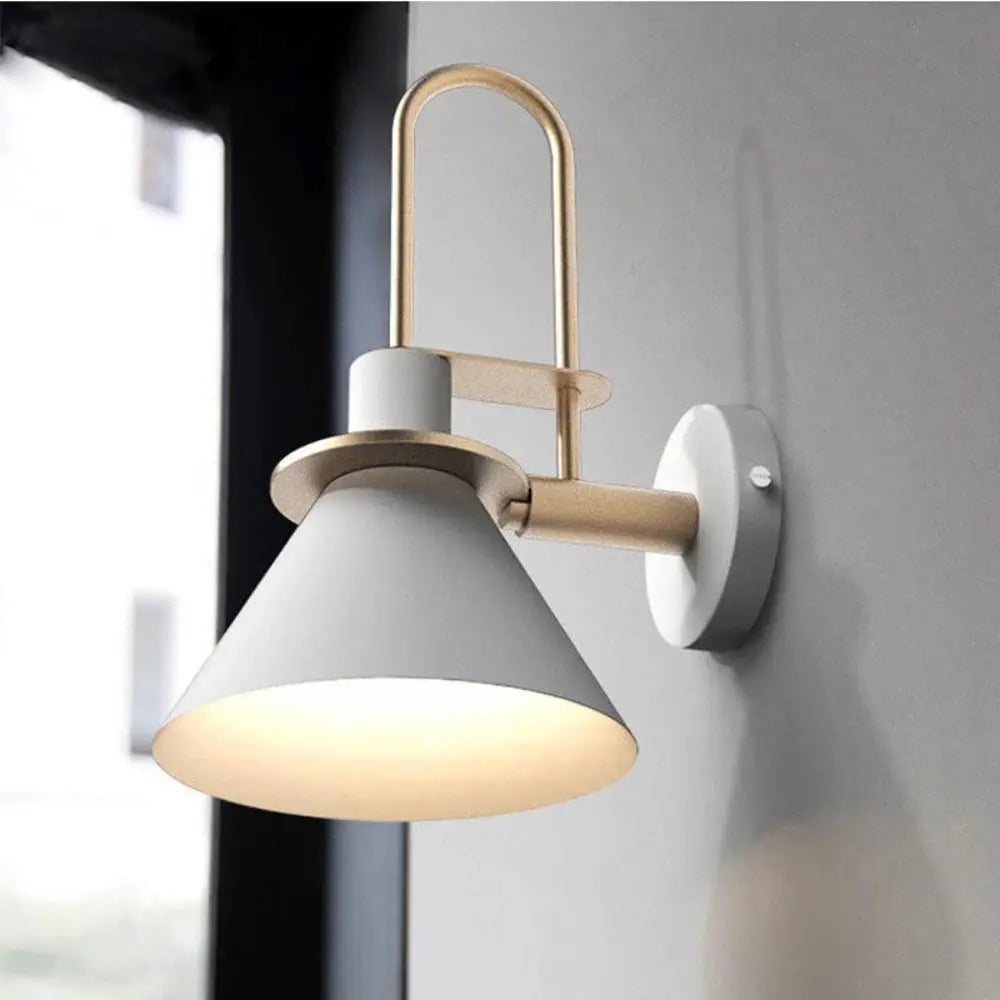 Modern Wall Sconce  White Metal Cone Shade with Gold Accents - Detailed view