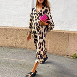 Leopard Print Midi Dress  V-Neck Lantern Sleeve Design - Product example