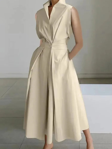 Elegant White Midi Dress  Tailored A-Line Lapel Design - Product detail 4
