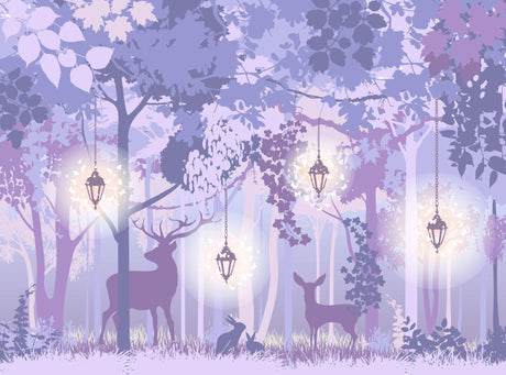 Papier Peint Mural Forêt | Bois Enchanté Violet Avec Lanternes