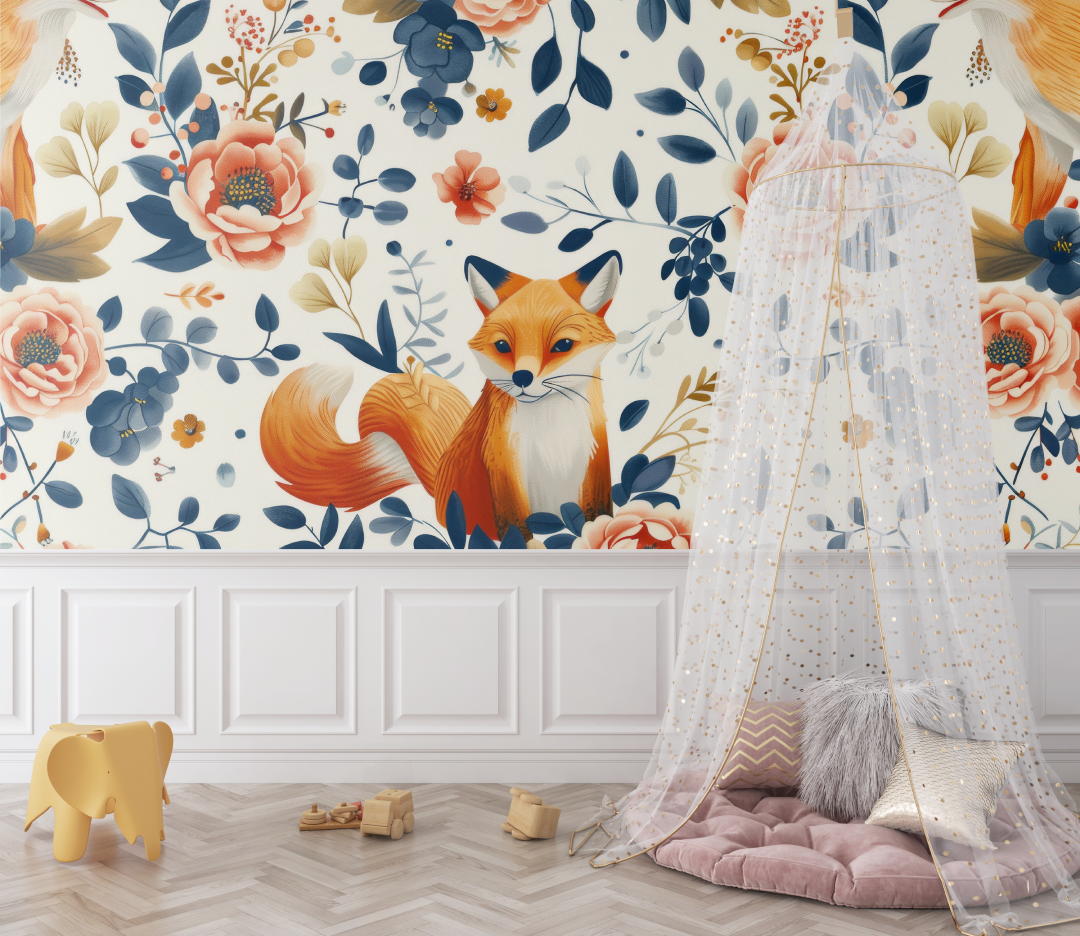 Forest Animals Mural Wallpaper | Vintage Fox with Navy Floral Pattern
