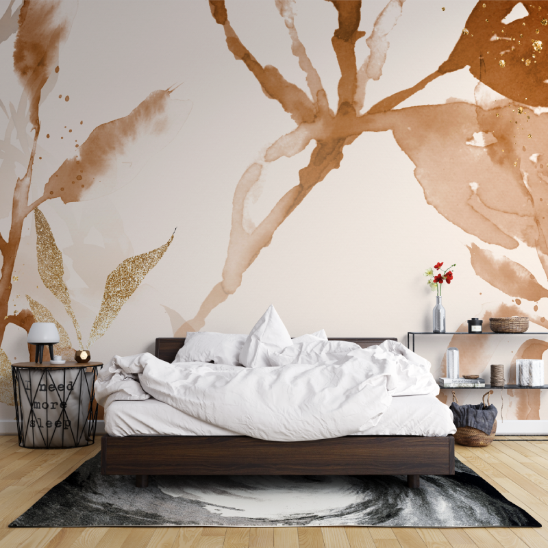 Abstract Mural Wallpaper | Terracotta Watercolor with Gold Leaves