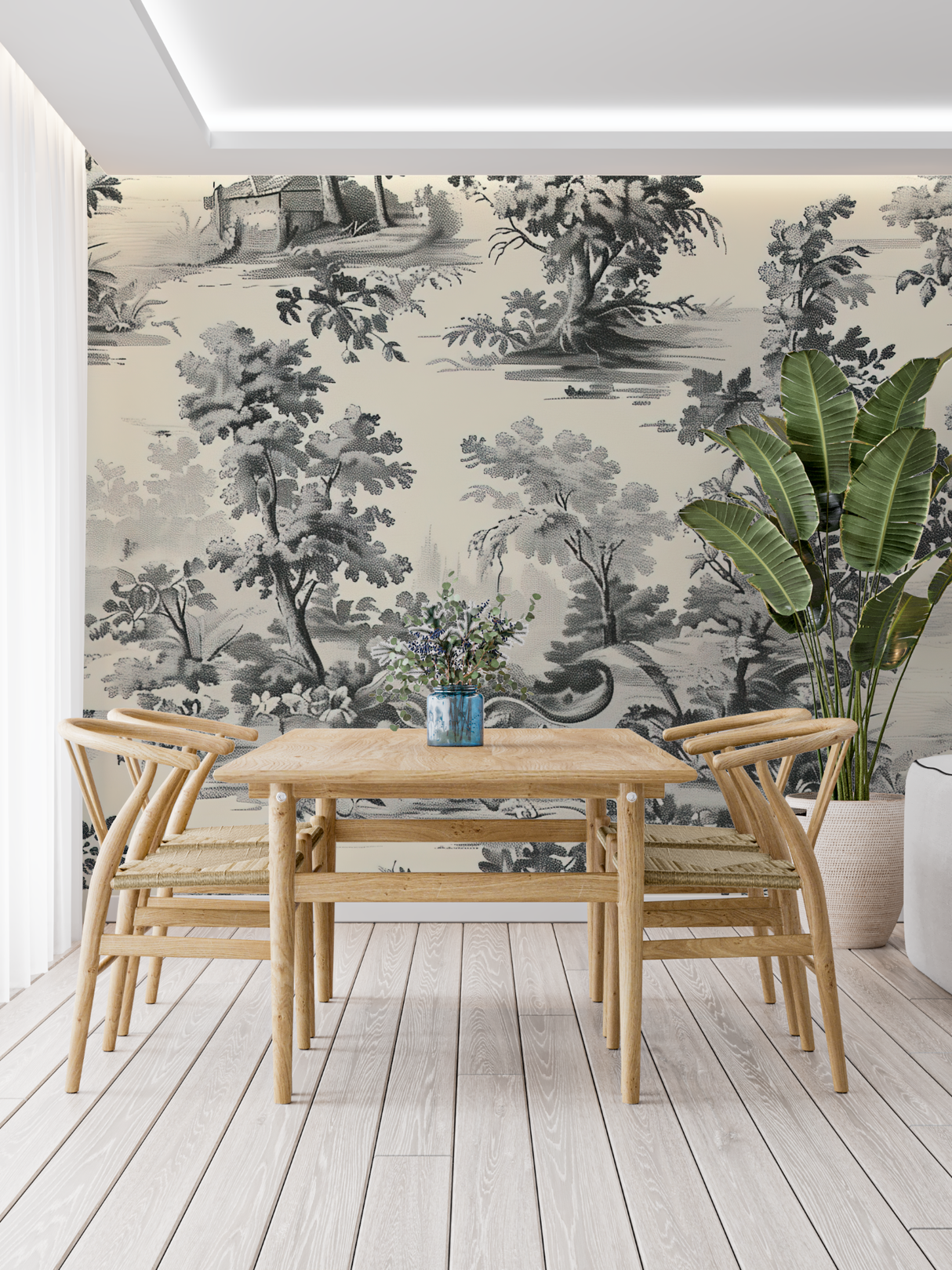 Vintage Mural Wallpaper | Toile de Jouy Grey Botanical Scene