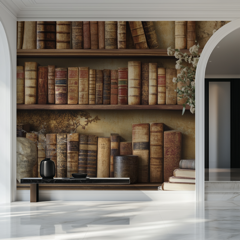 Vintage Library Mural Wallpaper | Antique Bookshelf Trompe l'Oeil