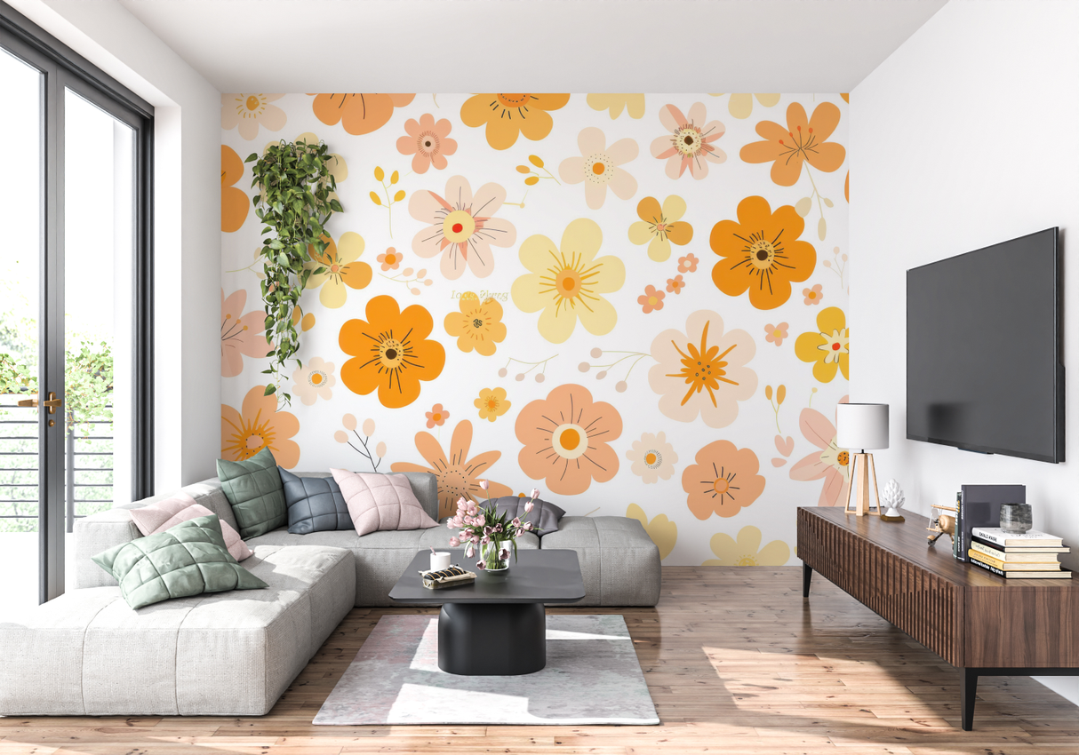 Floral Mural Wallpaper | Retro Orange and Yellow Blooms