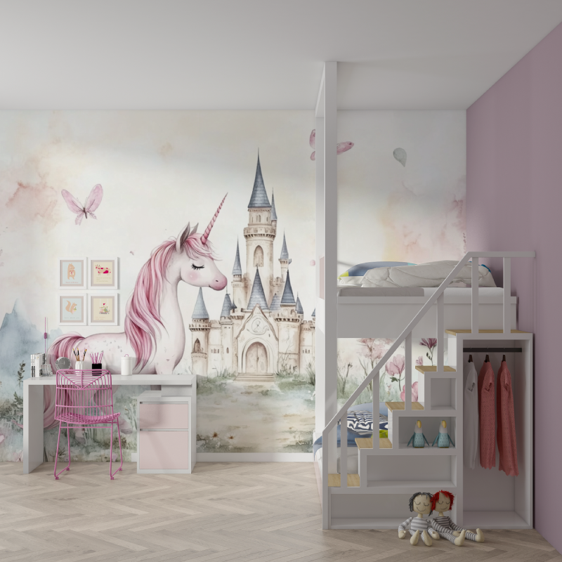 Princess Mural Wallpaper | Unicorn and Castle Fantasy Design