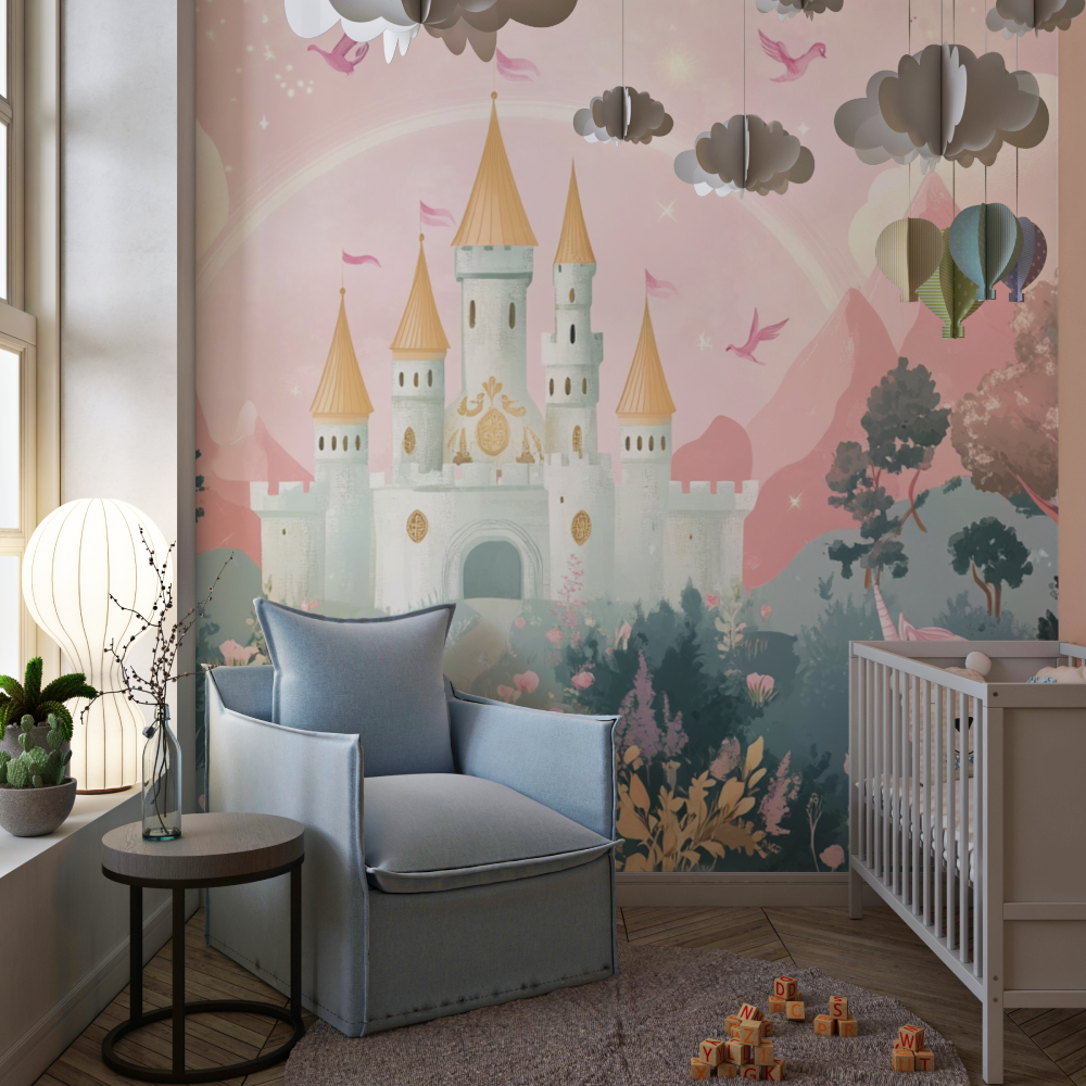 Princess Mural Wallpaper | Enchanted Castle with Pink Unicorns