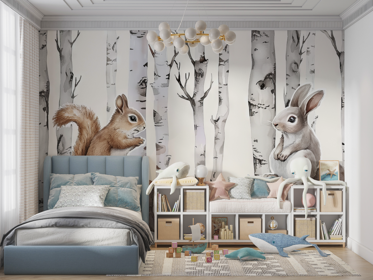 Forest Animals Mural Wallpaper | Bunny and Squirrel with Birch Trees
