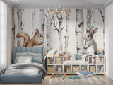Forest Animals Mural Wallpaper | Bunny and Squirrel with Birch Trees