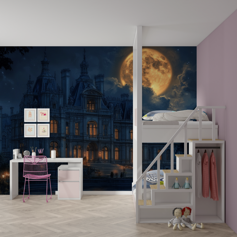Castle Mural Wallpaper | Moonlit Palace with Glowing Windows