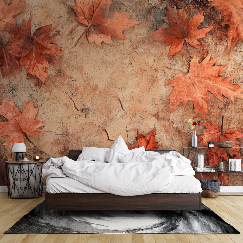 Nature Mural Wallpaper | Terracotta Maple Leaves with Aged Effect