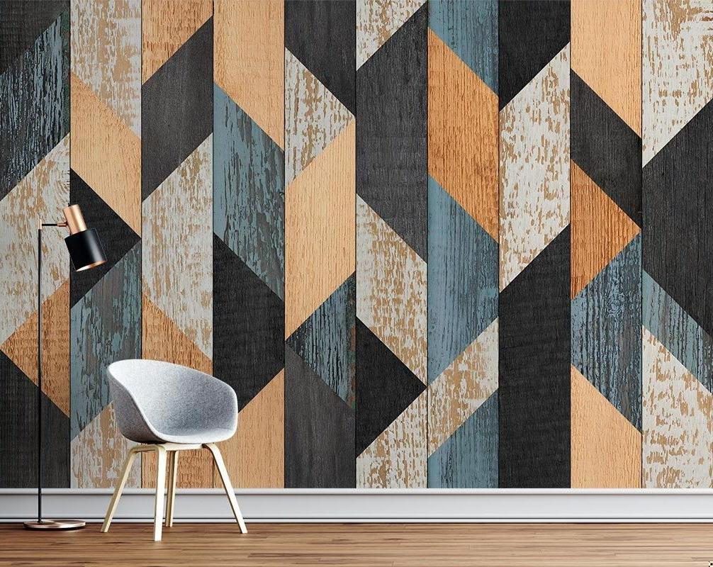 Geometric Mural Wallpaper | Modern Wood Pattern in Blue and Beige