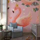 Princess Mural Wallpaper | Pink Flamingo with Gold Crowns