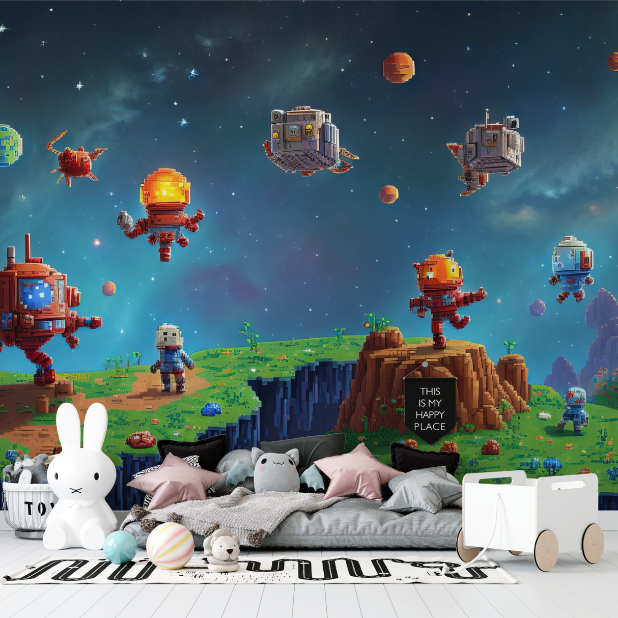 Space Mural Wallpaper | Retro Pixel Art Galaxy Adventure