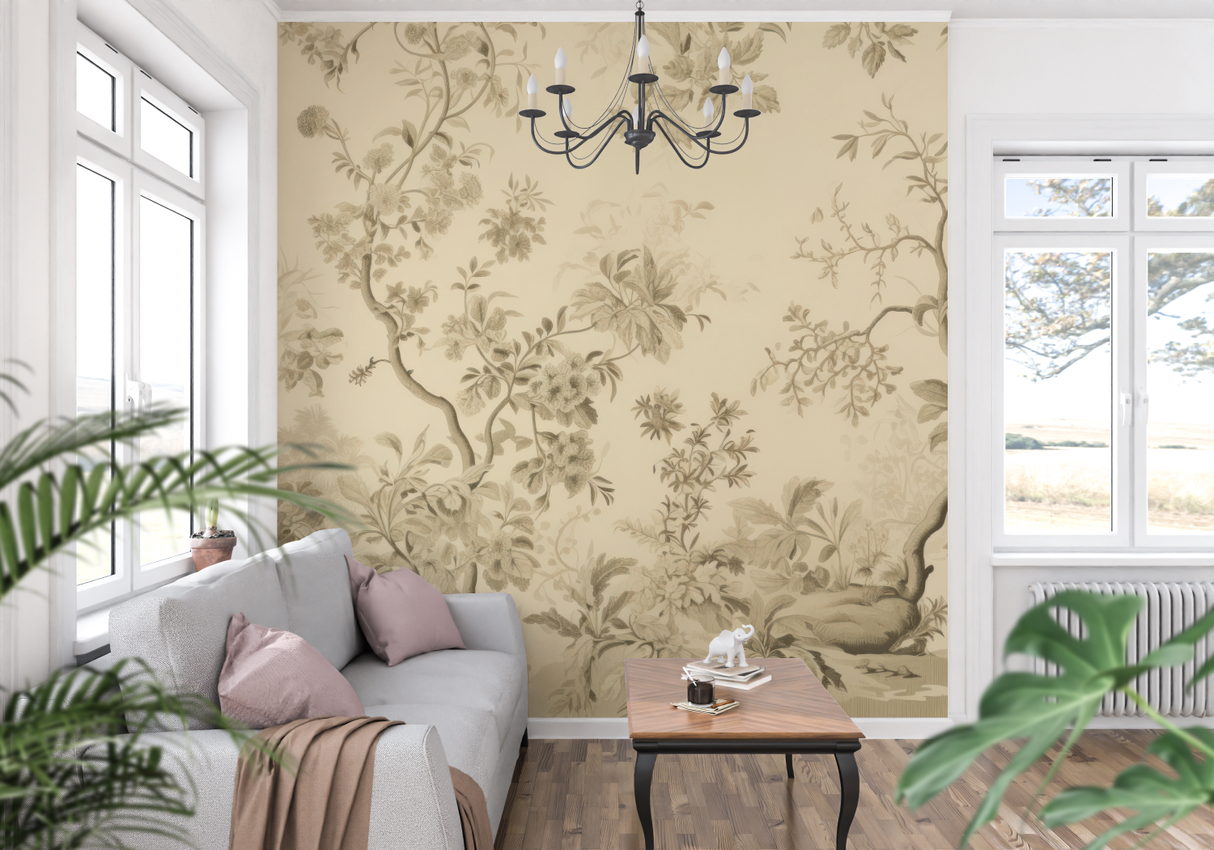 Floral Mural Wallpaper | Vintage Beige Toile de Jouy Pattern