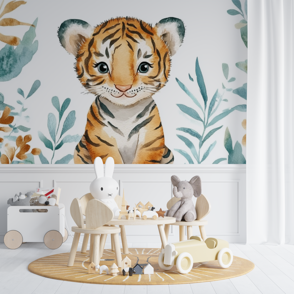 Tiger Mural Wallpaper | Watercolor Jungle Cub Design