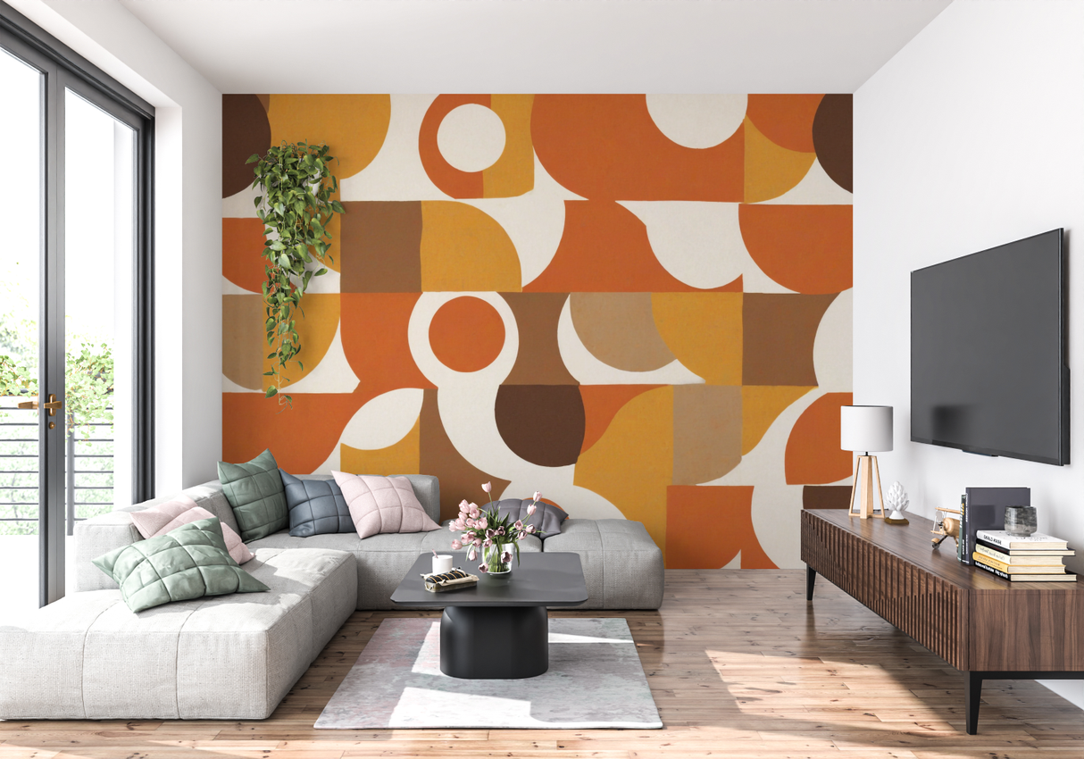 Geometric Mural Wallpaper | Retro Orange and Brown Circles