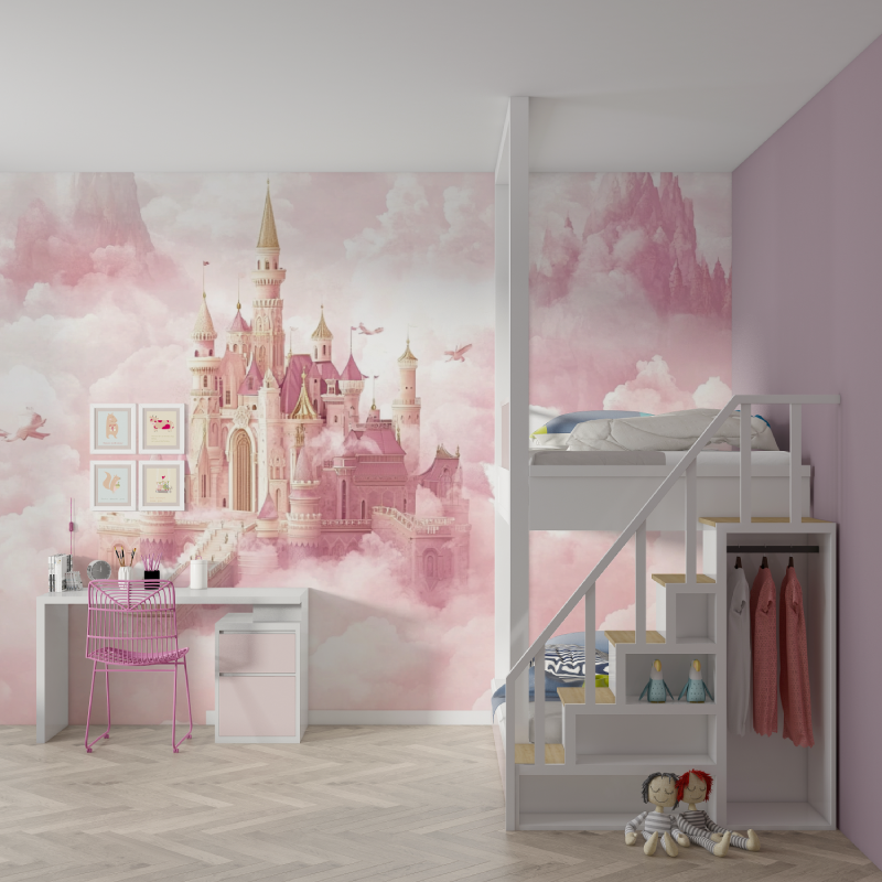 Princess Castle Mural Wallpaper | Pink Fantasy with Golden Spires