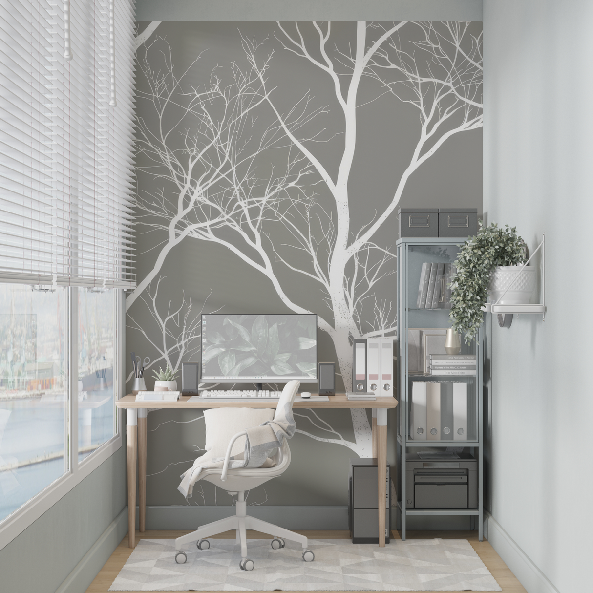 Tree Mural Wallpaper | White Branches on Grey Background