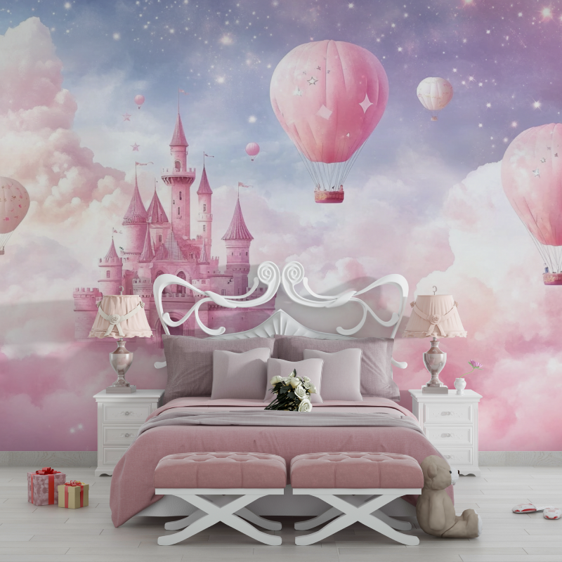 Princess Castle Mural Wallpaper | Dreamy Pink Hot Air Balloons