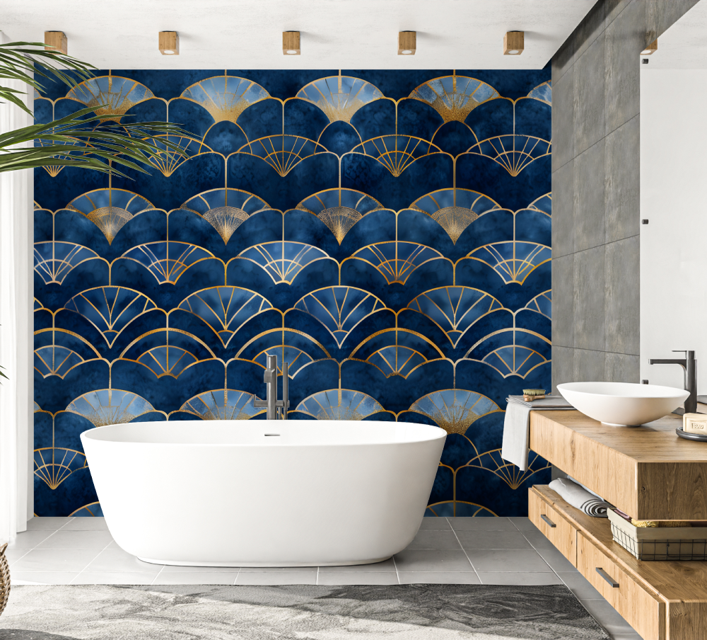 Art Deco Mural Wallpaper | Blue and Gold Fan Pattern