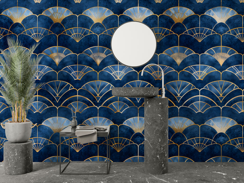 Art Deco Mural Wallpaper | Blue and Gold Fan Pattern