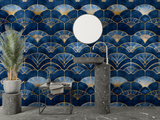 Art Deco Mural Wallpaper | Blue and Gold Fan Pattern
