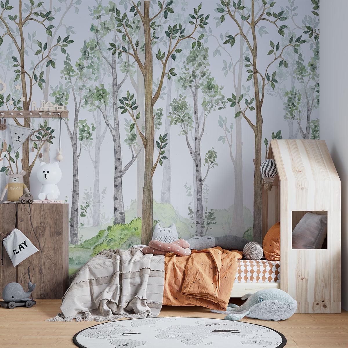 Forest Mural Wallpaper | Watercolor Tree Design With Green Leaves