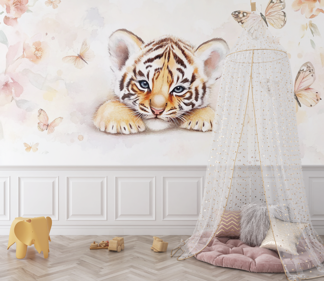 Tiger Mural Wallpaper | Baby Cub with Butterflies Design
