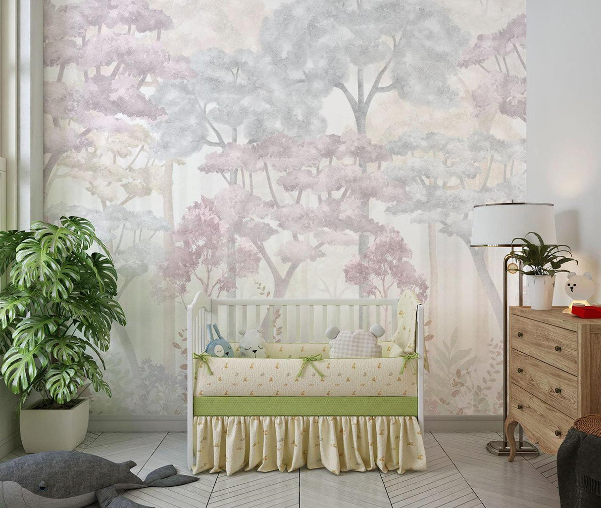 Wald Tapete | Traumhafte rosa und graue Aquarellbäume