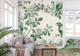 Vintage Floral Mural Wallpaper | Green Birds and Roses Toile de Jouy