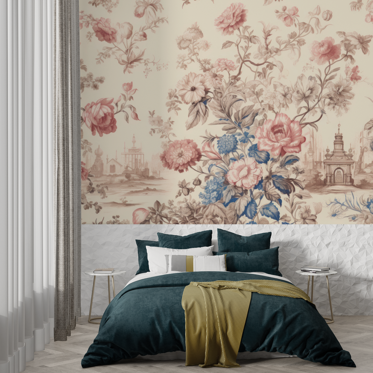 Vintage Floral Mural Wallpaper | French Toile de Jouy Blue and Pink
