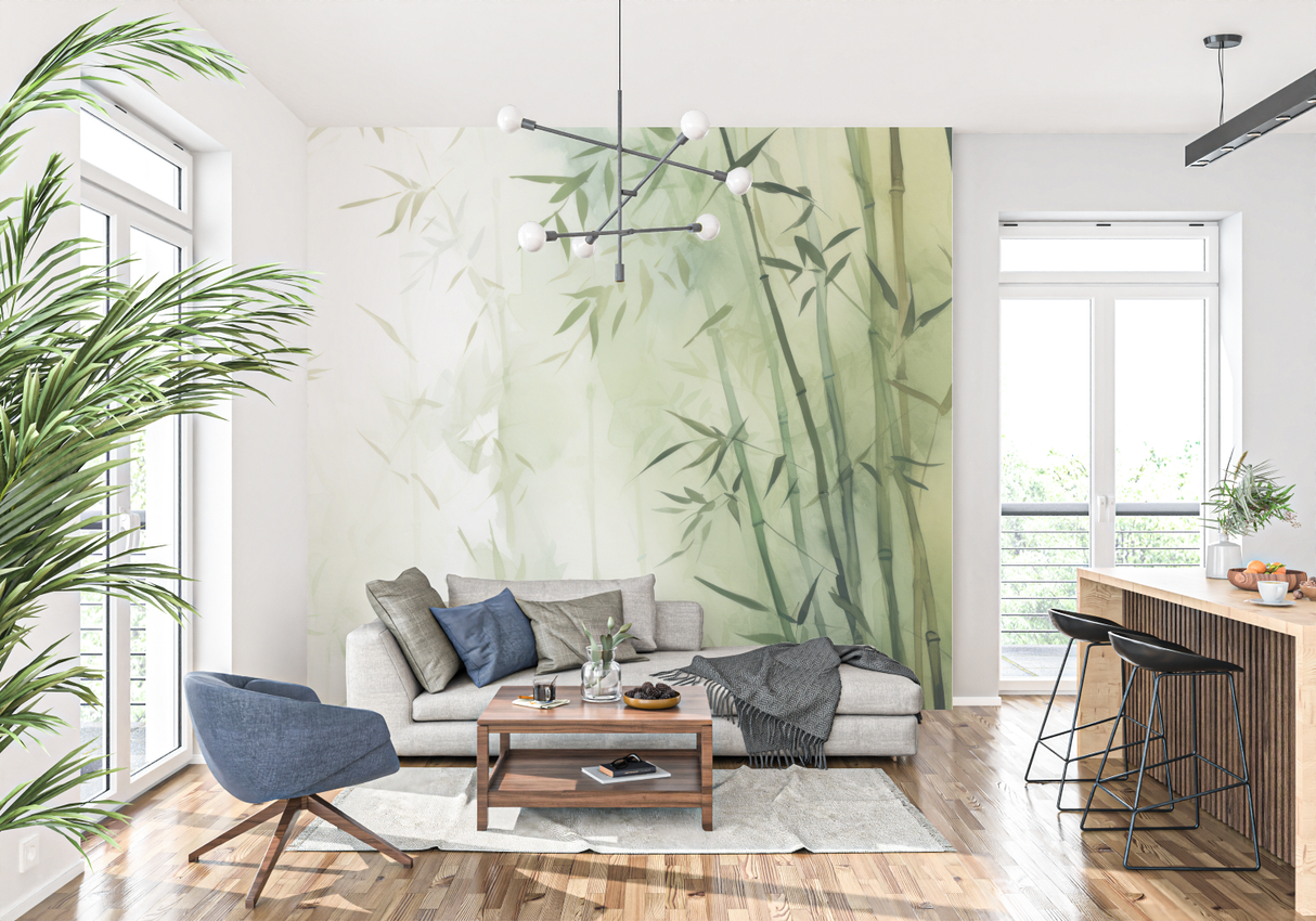 Bamboo Mural Wallpaper | Zen Green Watercolor Design