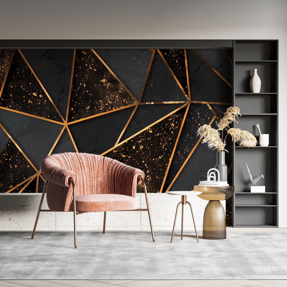Geometric Mural Wallpaper | 3D Black and Gold Cubes Design